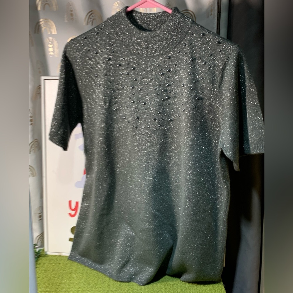 Susan Graver Black Sparkle Short Sleeve Sweater with Embellishments
